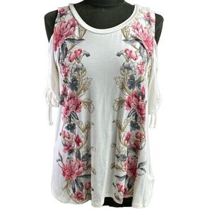 B.L.E.U Peek A Boo Shoulder Floral Top,  Gathered Sleeves,Size S,Cream/Pink/Gold